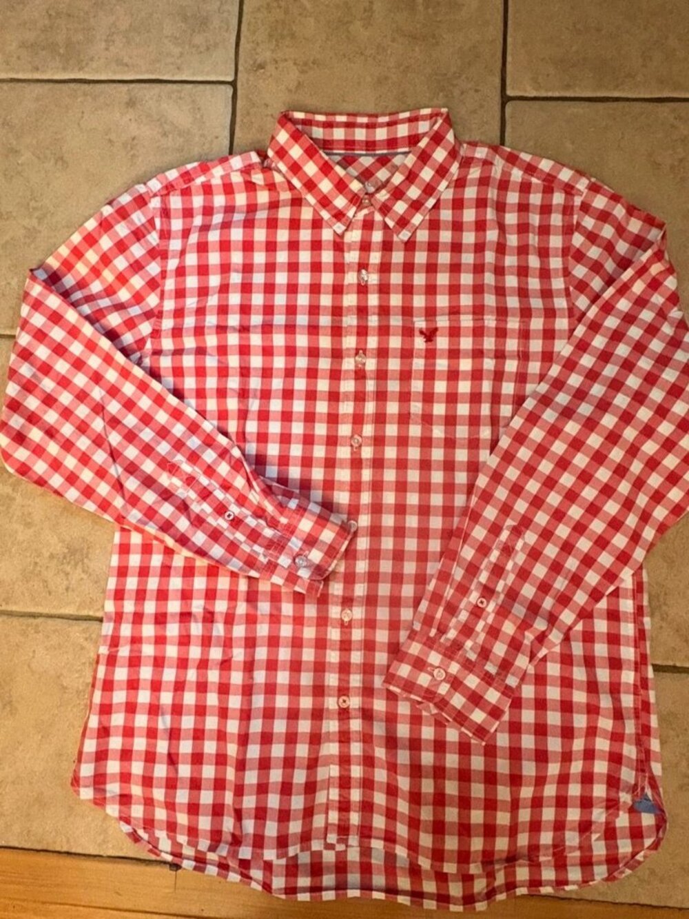 American Eagle Athletic Fit Red White Gingham Button Down Shirt Men's XL